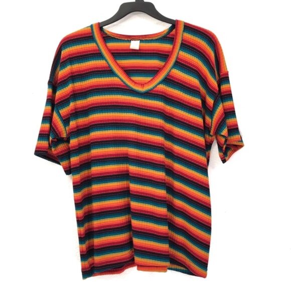 VTG Ribbed Rainbow Striped V-Neck Knit Top - Picture 1 of 6